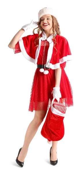 Mujer Joven Disfrazada Santa Claus Con Bolso Sobre Fondo Blanco — Foto de Stock