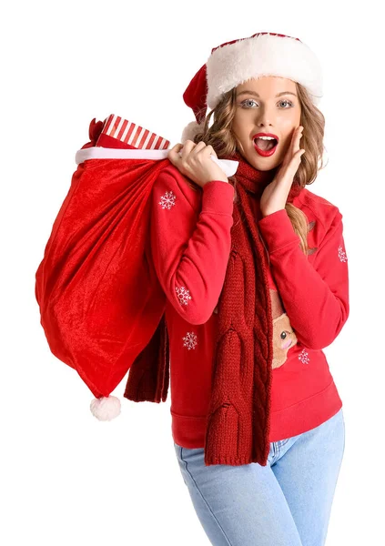 Young Woman Santa Hat Bag White Background — Stock Photo, Image