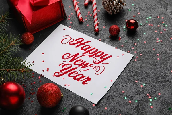 Greeting Card Text Happy New Year Christmas Decorations Dark Background — Stock Photo, Image