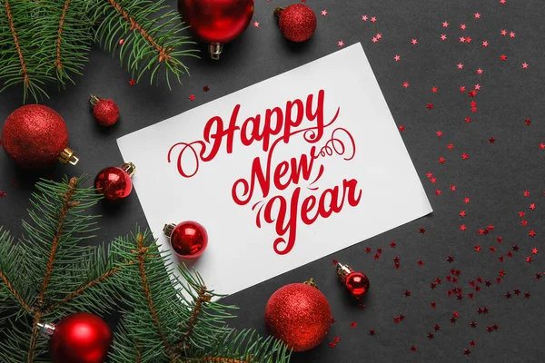 Tarjeta Felicitación Con Texto Feliz Año Nuevo Bolas Navidad Ramas —  Fotos de Stock