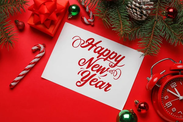 Greeting Card Text Happy New Year Christmas Decorations Fir Branches — Stock Photo, Image