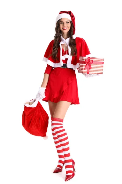 Bella Donna Costume Babbo Natale Con Borsa Regali Sfondo Bianco — Foto Stock