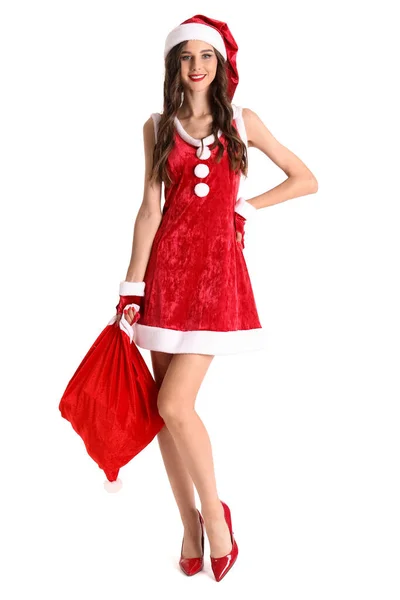 Bella Donna Costume Babbo Natale Con Borsa Regali Sfondo Bianco — Foto Stock