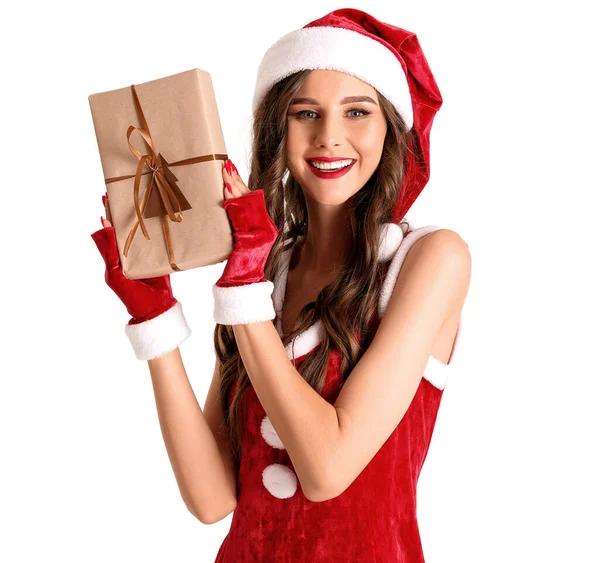 Hermosa Mujer Traje Santa Con Regalo Navidad Sobre Fondo Blanco —  Fotos de Stock