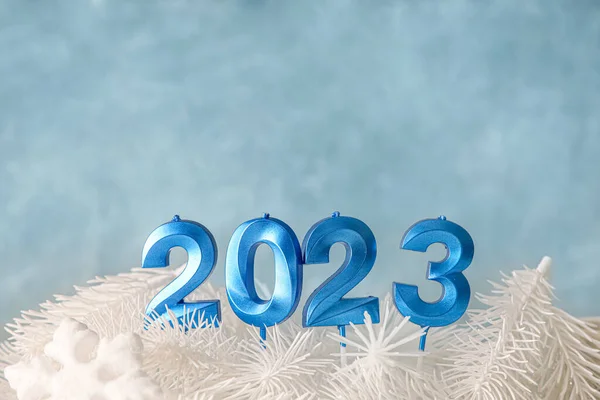 Figura 2023 Con Ramas Navidad Sobre Fondo Azul Primer Plano — Foto de Stock