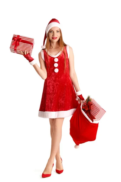 Schöne Junge Frau Weihnachtsmannkostüm Mit Geschenktüte Auf Weißem Hintergrund — Stockfoto