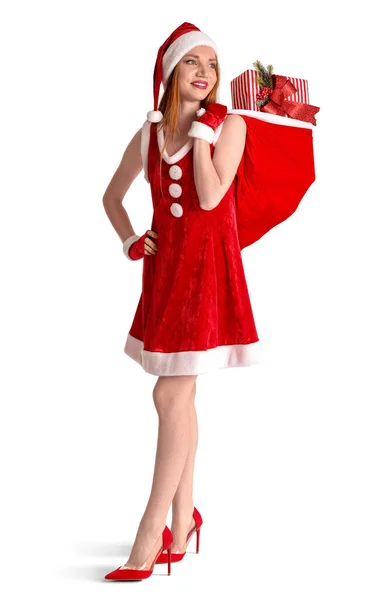 Beautiful Young Woman Santa Costume Bag Gifts White Background — Stock Photo, Image