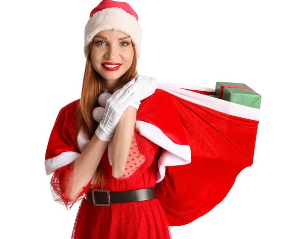 Beautiful Young Woman Santa Costume Bag Gifts White Background — Stock Photo, Image