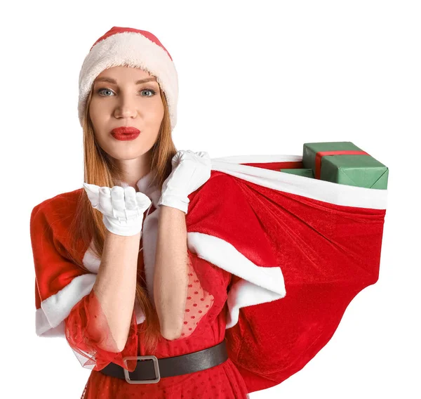 Bella Giovane Donna Costume Babbo Natale Con Borsa Regali Che — Foto Stock