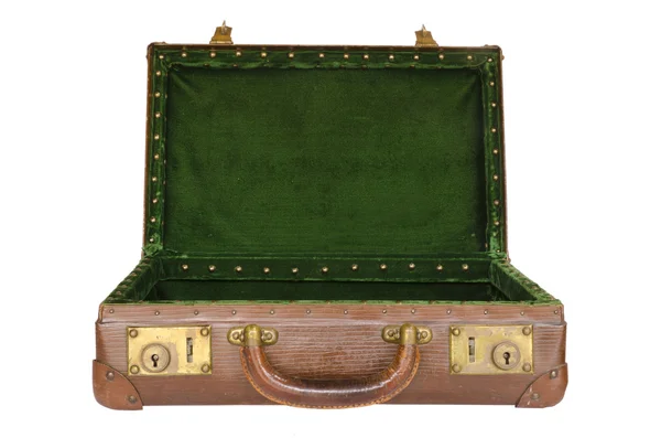Gamla slitna öppen resväska med grön interiör — Stockfoto