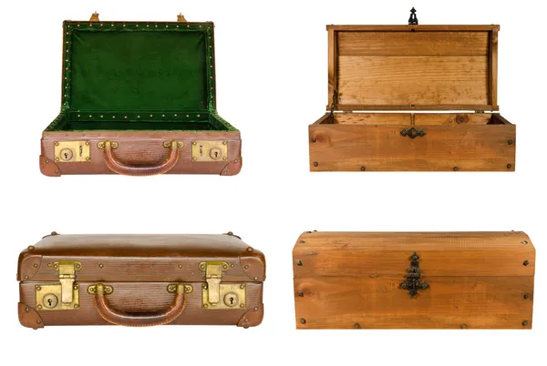 Collage of suitcases and chests isolated — Stock Photo, Image