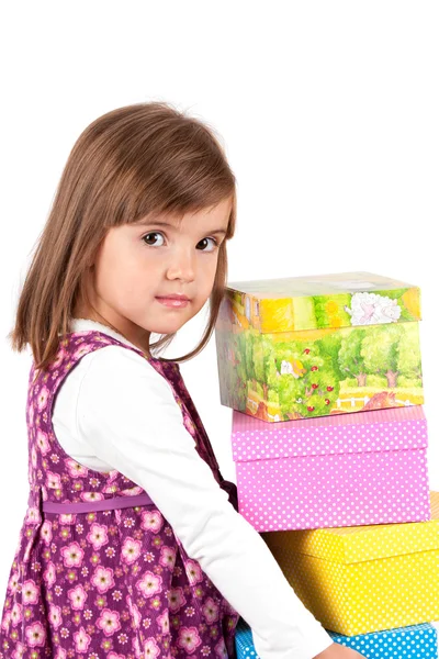 Imagen de la hermosa niña con bolsas de compras sobre fondo blanco — Foto de Stock