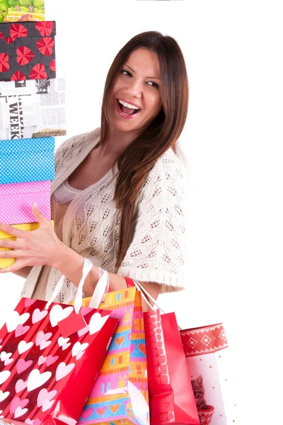 Close up happy young beautiful girl with the bags — Stock Photo, Image