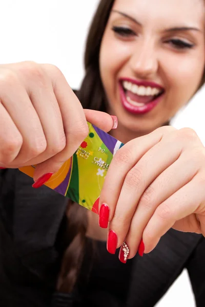 A Happy Woman holding a credit card — Stock Photo, Image