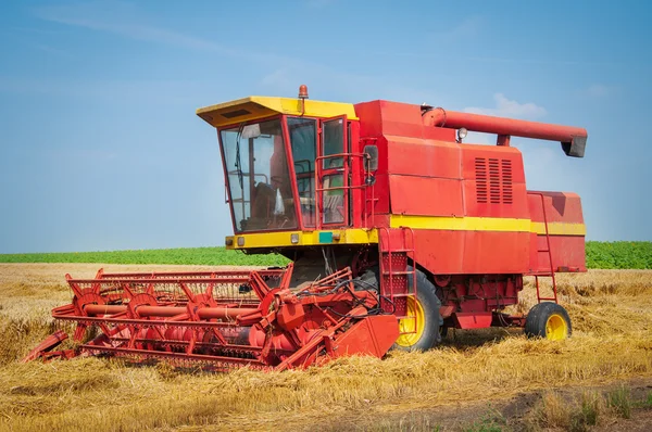 Skördetröska arbetar ett vete fält — Stockfoto