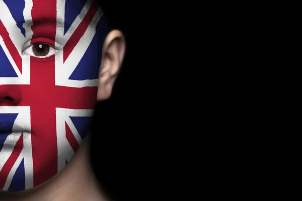 Ανθρώπινο πρόσωπο ζωγραφισμένα με σημαία της Μεγάλης Βρετανίας — Φωτογραφία Αρχείου