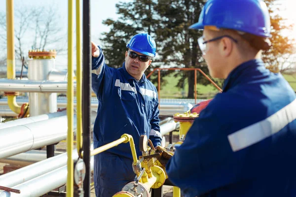 Inspeksjon Mannlige Arbeidere Visuell Rørledning Olje Gass – stockfoto
