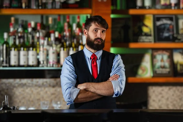 Positive Barkeeper Standing Counter — Stock Photo, Image