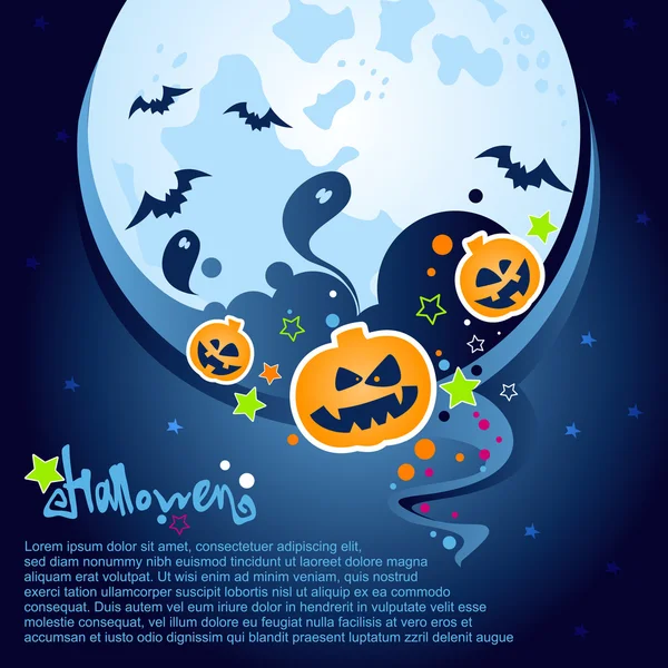 Fondo de la fiesta de Halloween con una luna grande, fantasmas y calabazas — Vector de stock