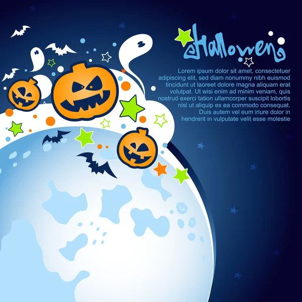 Halloween Party Background with a large moon, ghosts and pumpkins — Stock Vector