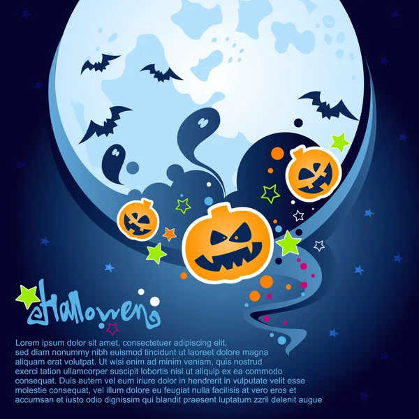 Halloween Party Background with a large moon, ghosts and pumpkins — Stock Vector
