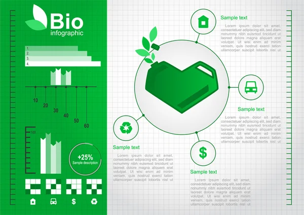 Concepto de diseño ecológico con latas verdes en forma de corazón. Elementos ecoinfográficos. Conjunto de vectores — Vector de stock