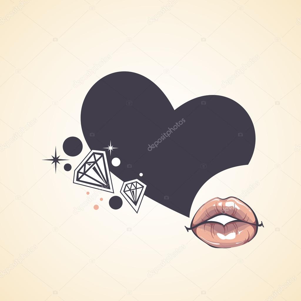 Abstract composition with sexy lips, speech bubble and jewels. Fashion illustration