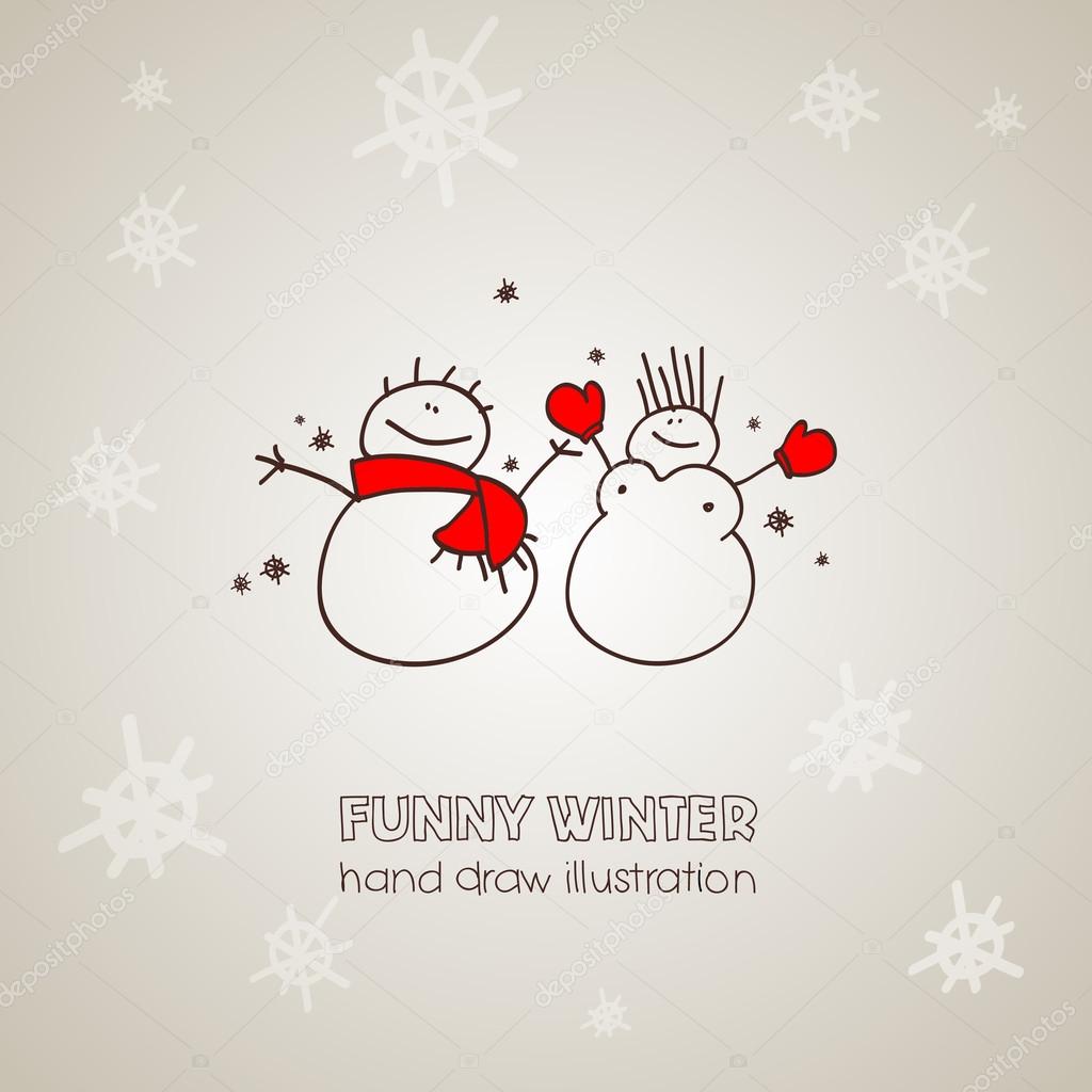 Hand drawn Christmas and New Years postcard with funny snowmen