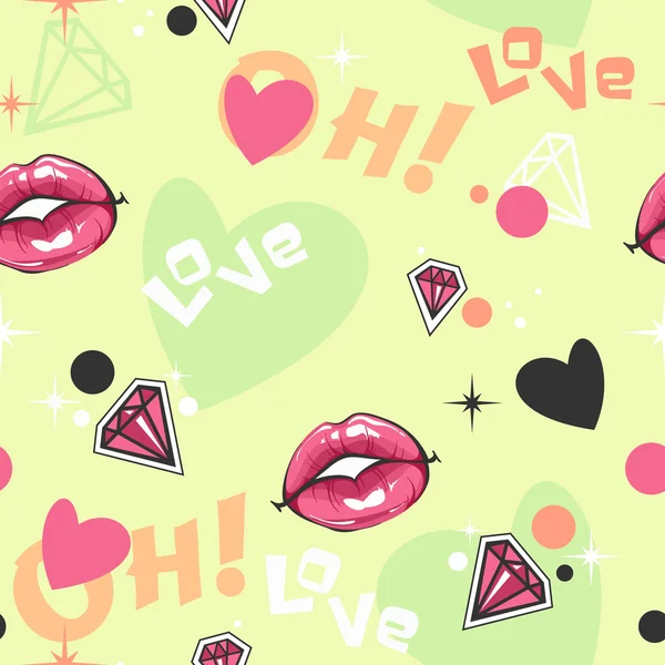 Seamless pattern with lips, diamonds and hearts — Stock Vector