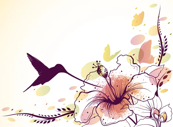 Vektor bakgrund med blommor, hummingbird och fjärilar. — Stock vektor