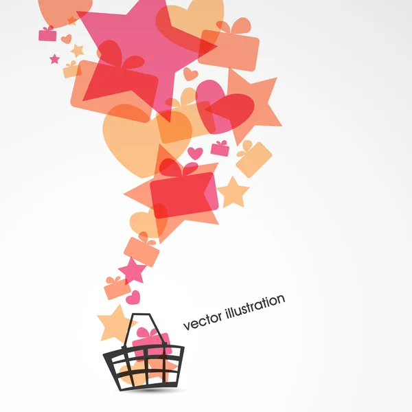 Verkoop design met mand, veelkleurige geschenkdozen, sterren en harten. vectorillustratie — Stockvector