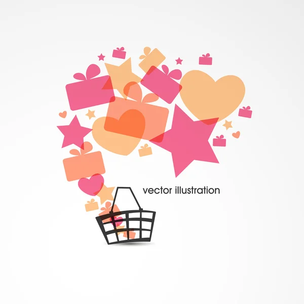 Verkoop design met mand, veelkleurige geschenkdozen, sterren en harten. vectorillustratie — Stockvector