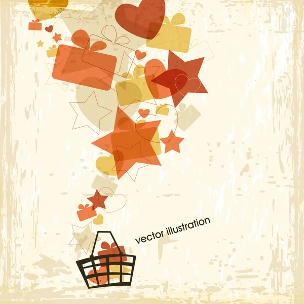 Shopping basket with a lot of gifts, hearts and stars — Stock Vector