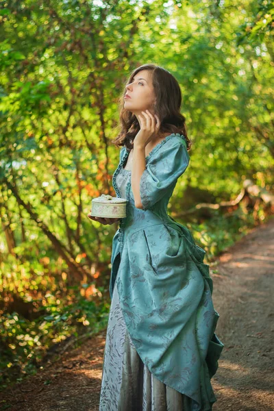 Beautiful Young Woman Century Dress White Gloves Forest Pond Girl — стоковое фото
