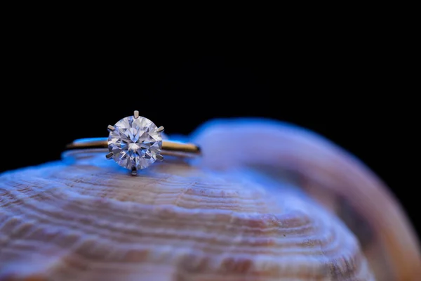 Gold Engagement Diamond Ring Seashell — Stock Fotó