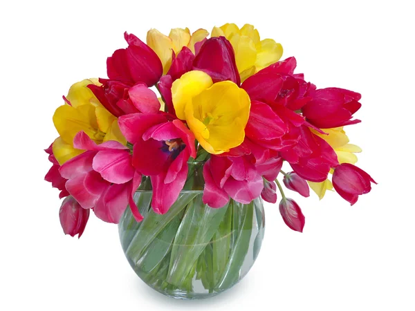 Bouquet of multicolored tulips in a vase — Stock Photo, Image
