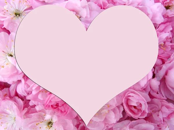 Hart op de achtergrond van roze bloemen — Stockfoto