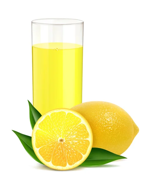 Limones frescos con hojas y jugo — Vector de stock