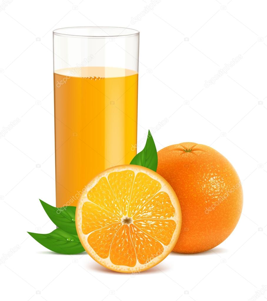 Fresh orange with leaves and glass with juice