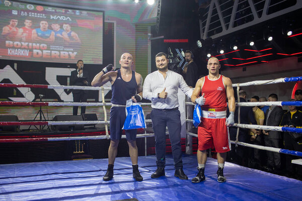Bout between Burka Pavel and Bogdanov Dmitry in the weight category up to 75 kg during Boxing Kharkiv Derby, located in Victory Concert Hall, Kharkov, Ukraine, 03.12.2021