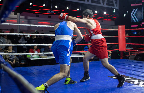 Bout between Kirimov Asif and Ovganisyan Stepan in the weight category up to 67 kg during Boxing Kharkiv Derby, located in Victory Concert Hall, Kharkov, Ukraine, 03.12.2021