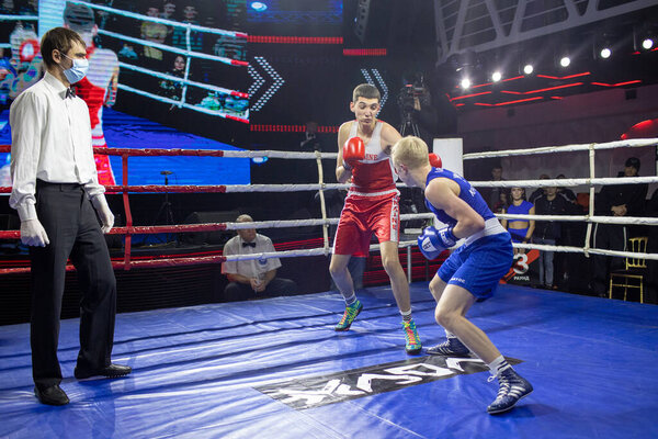 Bout between Boyko Nikita and Tsikalo Ruslan in the weight category up to 60 kg during Boxing Kharkiv Derby, located in Victory Concert Hall, Kharkov, Ukraine, 03.12.2021