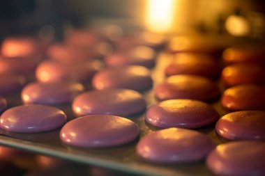 Makarnalar fırında. Evde yemek pişirmek. Tatlı ve renkli pembe Fransız kurabiyeleri.. 