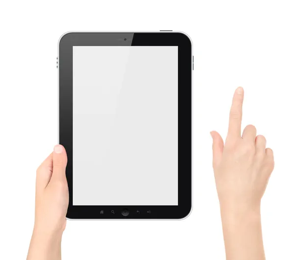 Holding Tablet PC With Touching Hand Isolated — Stock Photo, Image