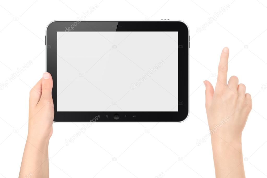 Holding Tablet PC With Touching Hand Isolated