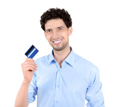 yakışıklı adam gösteren kredi kartı izole