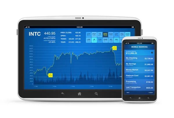 Mercado de ações e serviços bancários móveis em dispositivos digitais — Fotografia de Stock