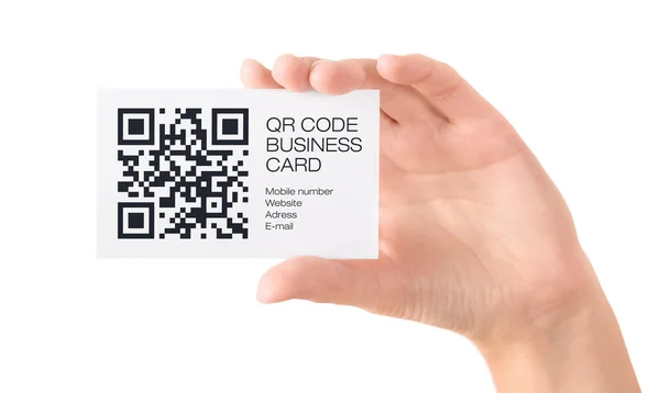 QR code carte de visite en main isolé — Photo