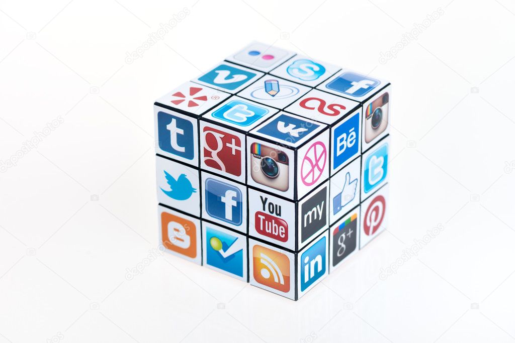 Kiev, Ukraine - February 2, 2013: A rubik's cube with logotypes of well-known social media brand's.