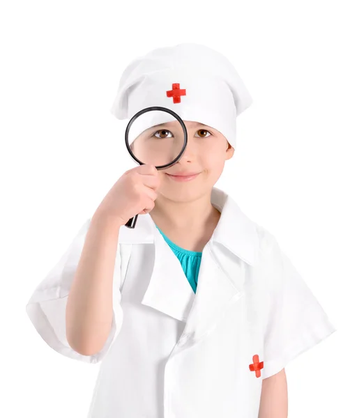 Smiling young nurse with magnifying glass — Stock Photo, Image